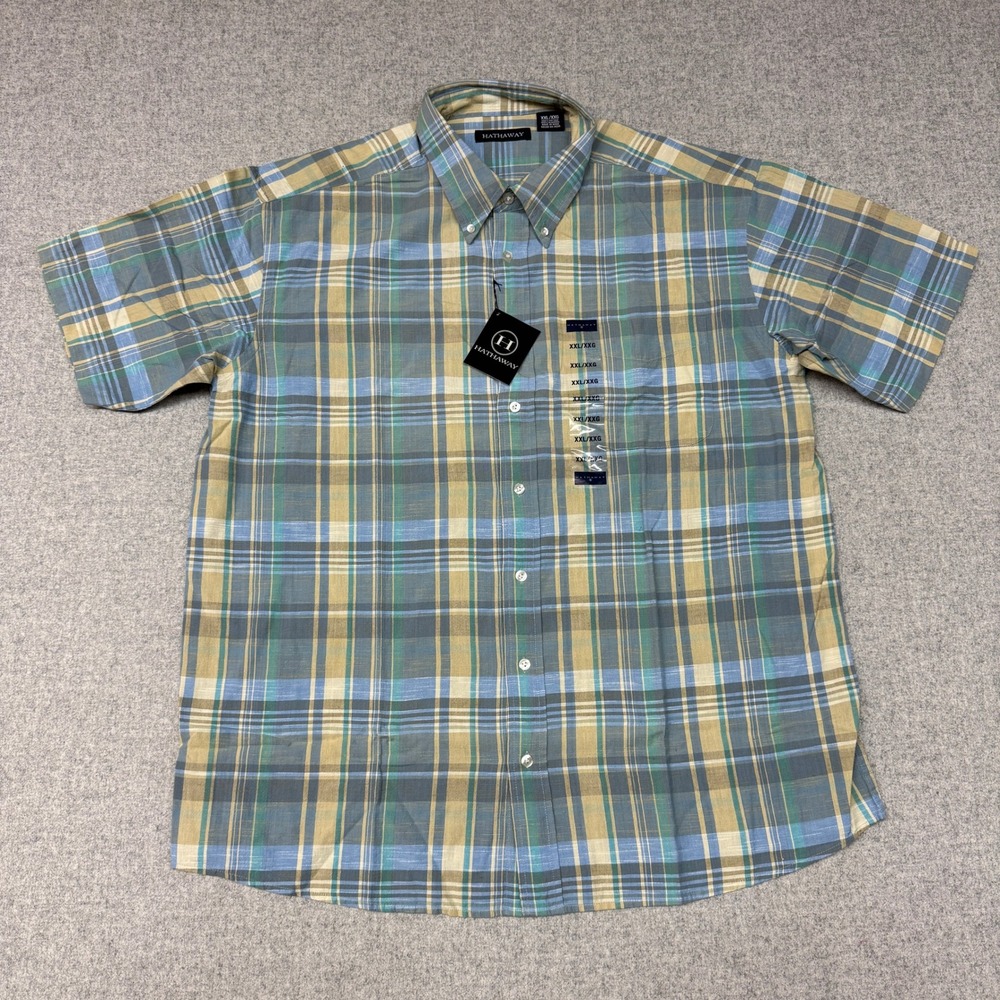 Hathaway | Button Down Shirt | XXL | Blue Green Tan Plaid | Short Sleeve Cotton